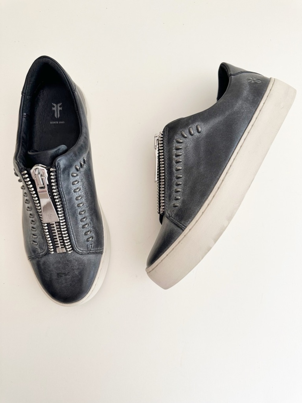 Frye Distressed Black Leather Rebel Lena Chunky Zip Sneakers
